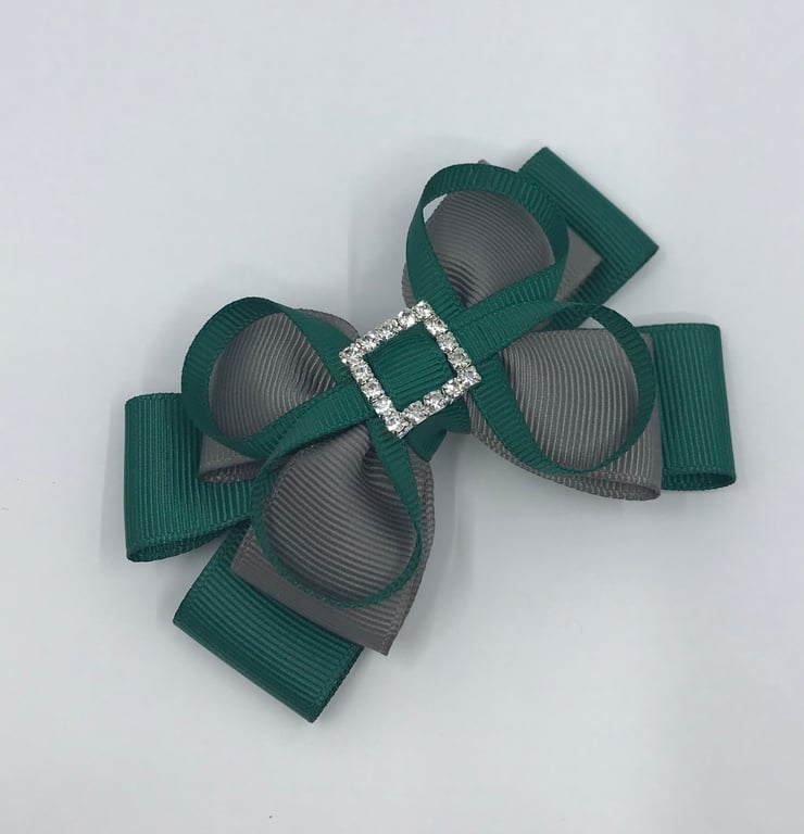 School Hunter Green and Grey Layer Bow with Hunter Green Loops on Clip