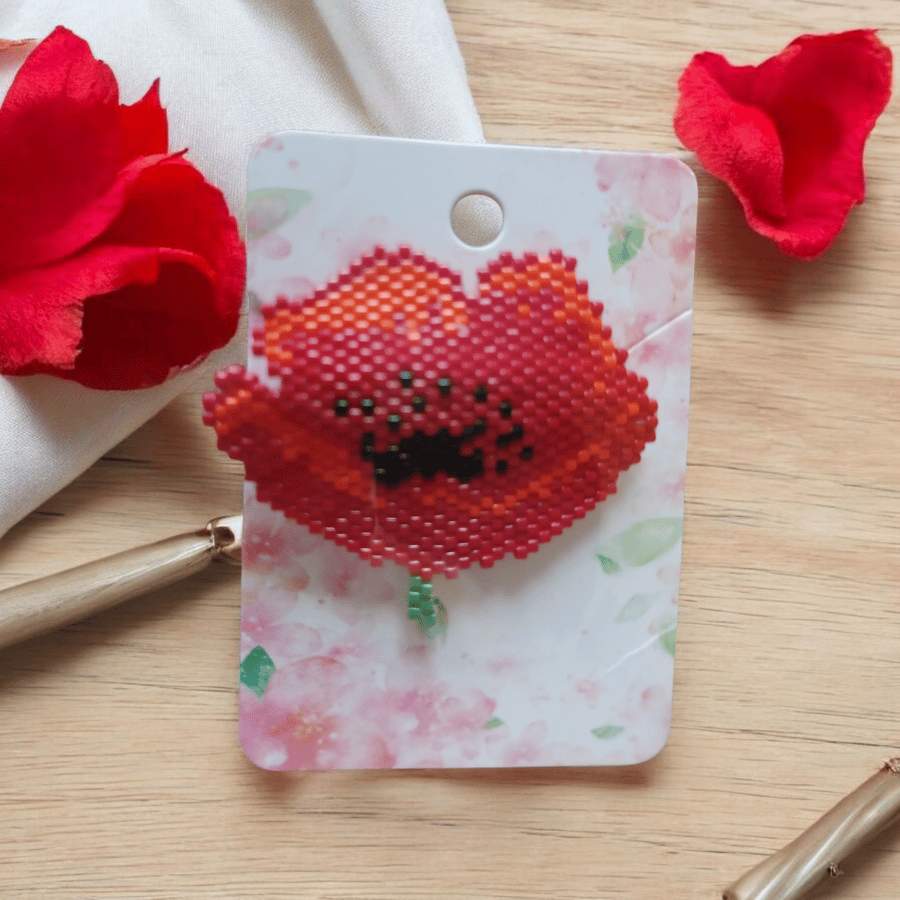 Beaded Poppy Brooch 