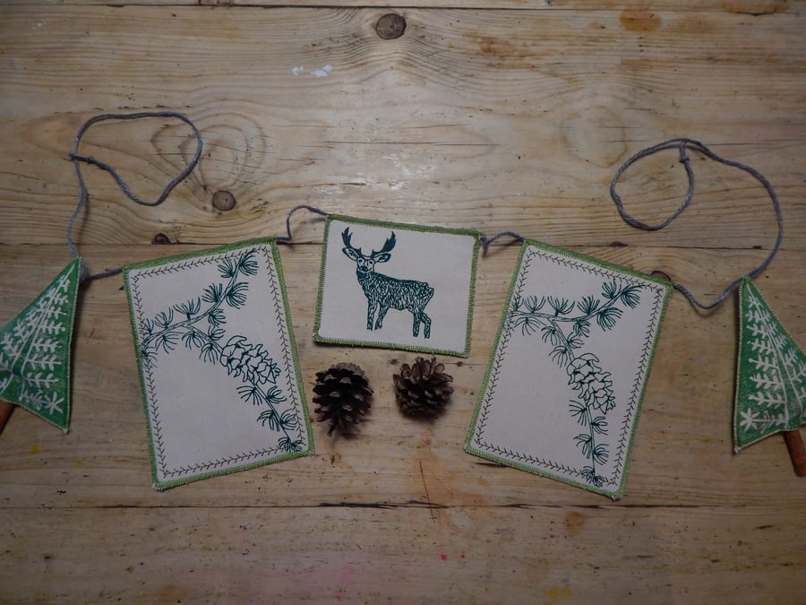 Stag and pine tree - Screen printed wall hanging - bunting
