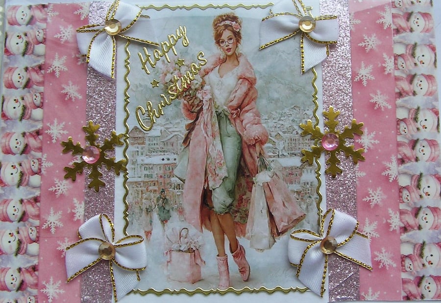 Image of Hand Crafted Decoupage Christmas Card - Happy Christmas 3346 Xmas Shopping Girl