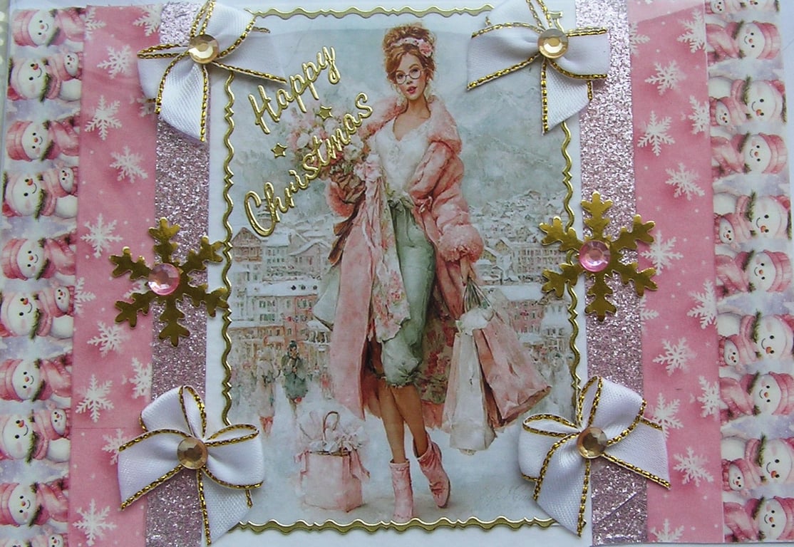 Hand Crafted Decoupage Chistmas Card - Happy Christmas (3346) Xmas Shopping Girl