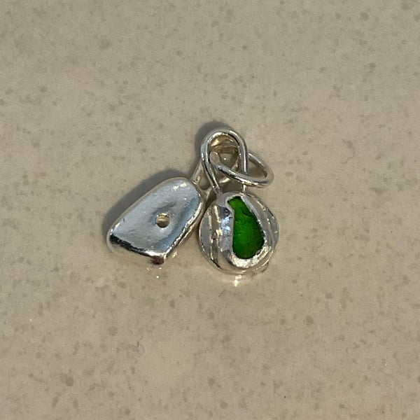 Green sea glass bean and fine silver hag stone pendant
