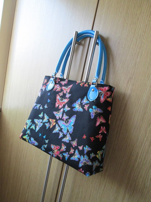 Butterflies on Black Handbag with Leather Handles, Butterfly Handbag