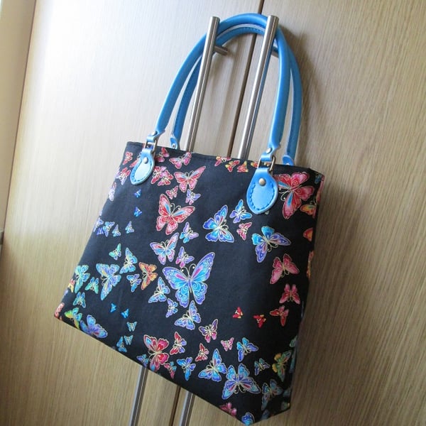 Butterflies on Black Handbag with Leather Handles, Butterfly Handbag
