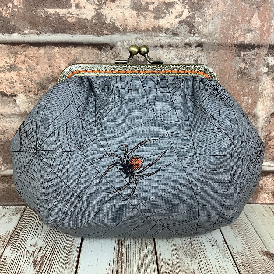 Gothic Spiders Web small fabric frame clutch, bag, Handmade
