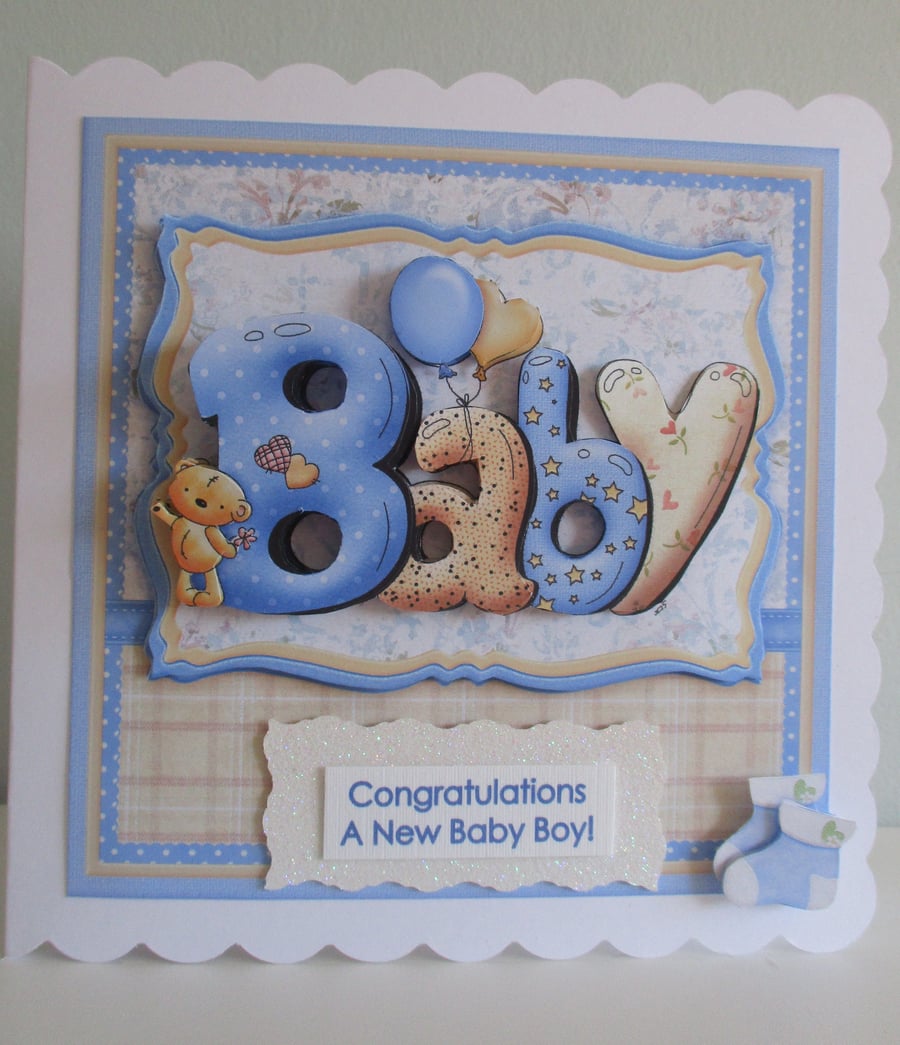 Handmade Decoupage,3D Baby Boy Greetings Card, Personalise, Son, Grandson, Grand