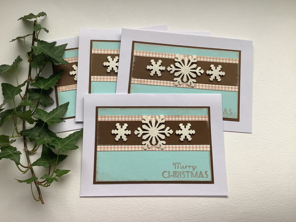 CHRISTMAS CARDS, pack of 4. Scandi style .Aqua , brown .Gingham. Snowflake.