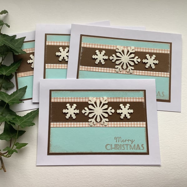 CHRISTMAS CARDS, pack of 4. Scandi style .Aqua , brown .Gingham. Snowflake.