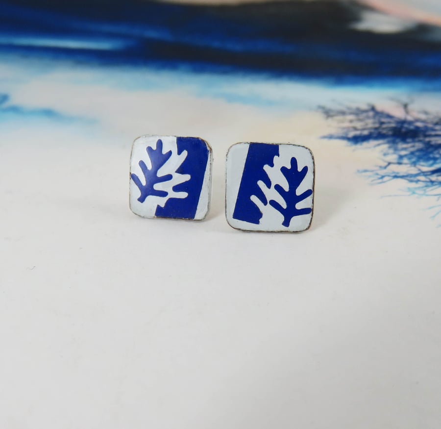 Blue Leaf Motif Collaged Square Studs in Enamel and Copper