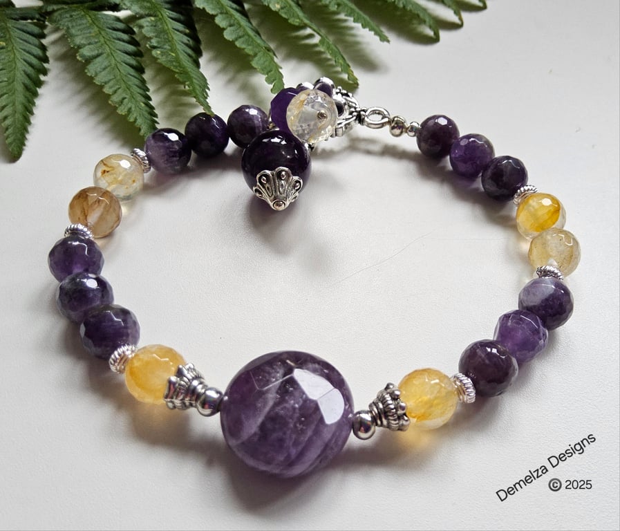 Designer Amethyst & Rutilated Quartz Bracelet 