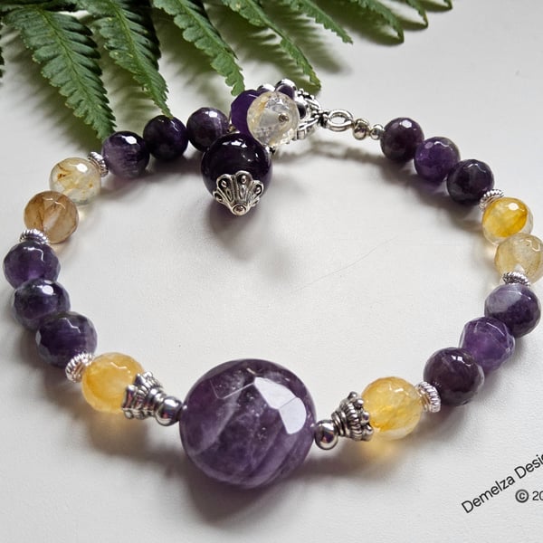 Designer Amethyst & Rutilated Quartz Bracelet 