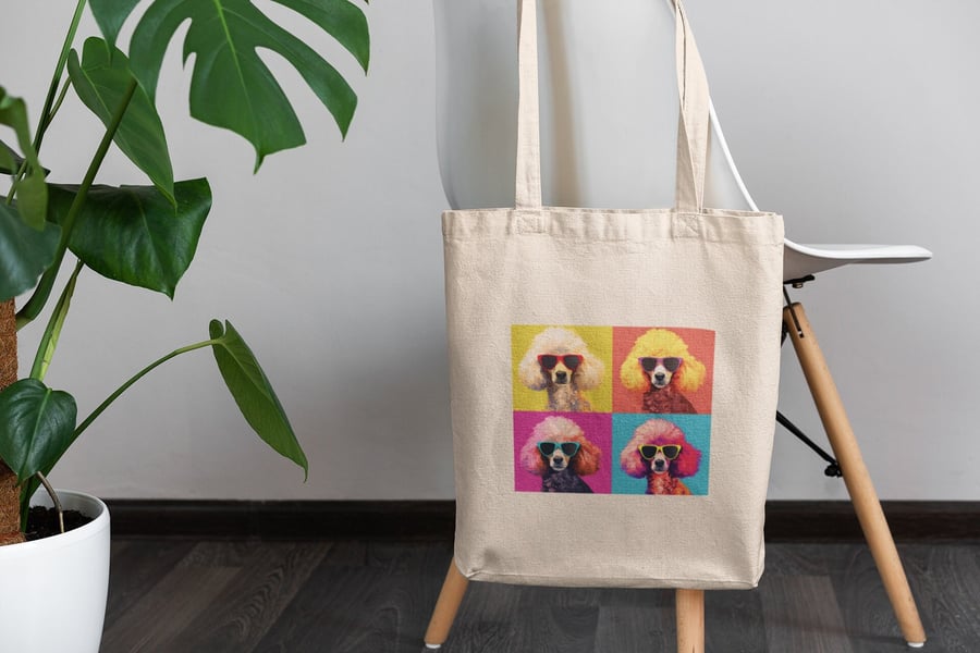 Poodle in glasses pop art printed tote bag, shopping bag great gift