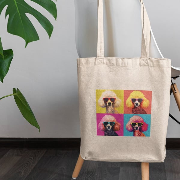 Poodle in glasses pop art printed tote bag, shopping bag great gift