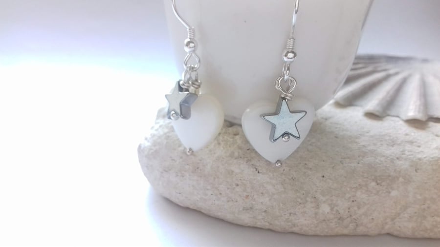 Mother of Pearl heart and Hematite Stars Sterling Silver Hook Earrings