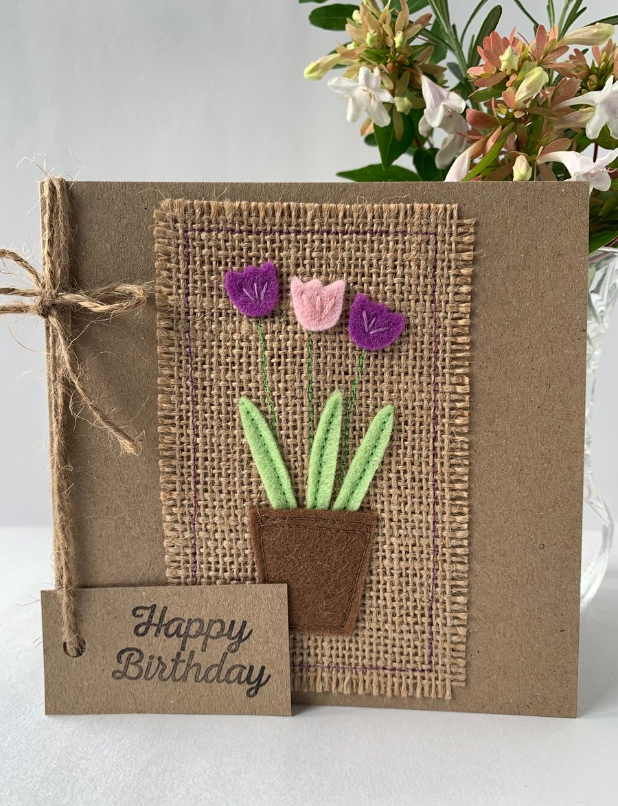 Handmade Birthday Card. Purple and pale pink flowers from wool felt.