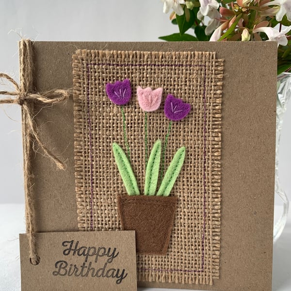 Handmade Birthday Card. Purple and pale pink flowers from wool felt.