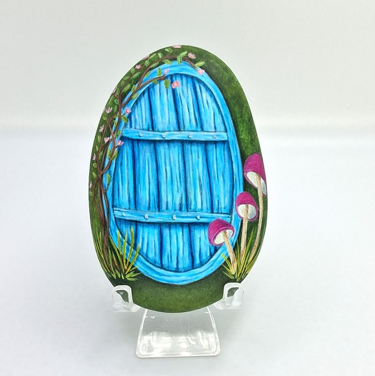 Blue Fairy Door with Pink Mushrooms Rock Art