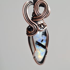 Handmade Natural Rainbow Moonstone & Copper Necklace Pendant Gift Boxed Crystal