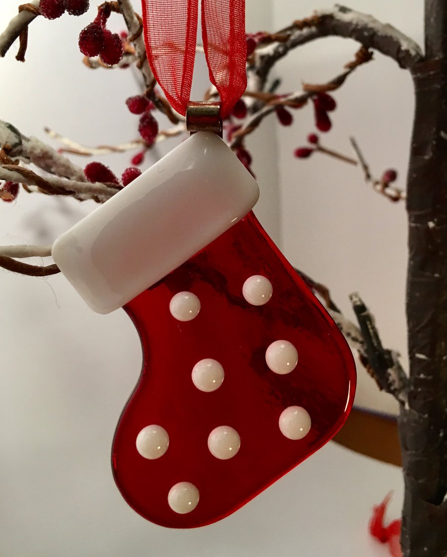 Red Fused Glass Stocking Christmas Decoration