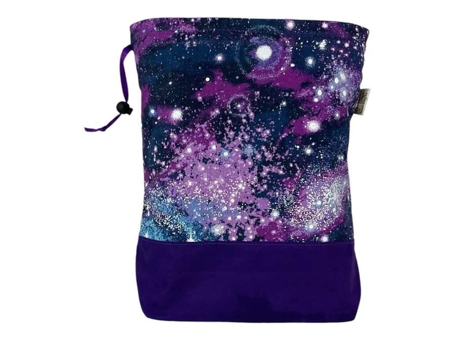 two at a time knitting bag with space print, drawstring divided pouch, 