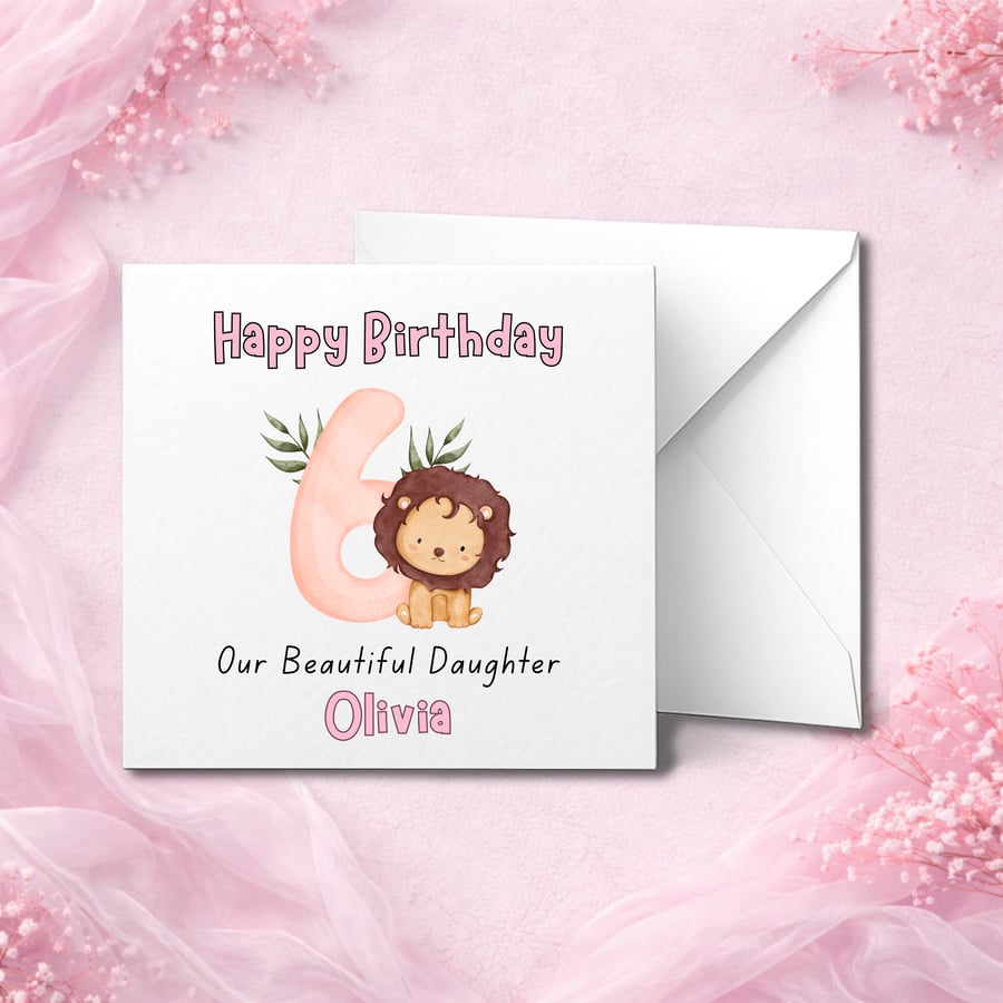 Personalised 6th Birthday Card with Cute Lion and Name, Custom Age Children