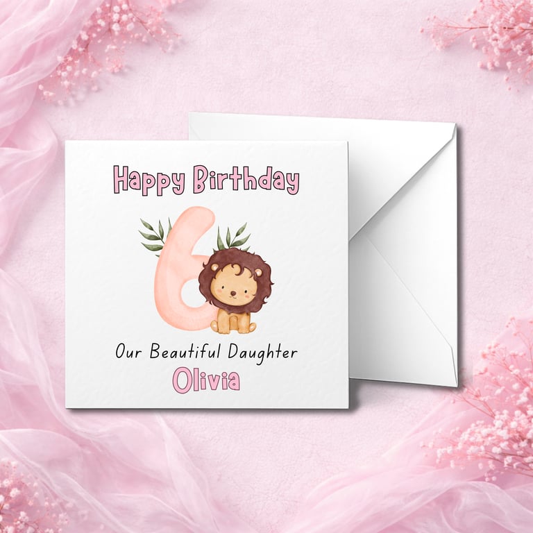 Personalised 6th Birthday Card with Cute Lion and Name, Custom Age Children