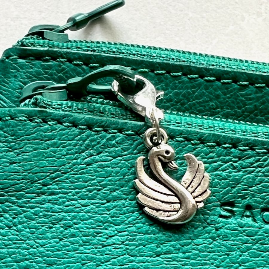 Swan charms, clip on charm, zipper pull, purse, planner or stitch marker charm