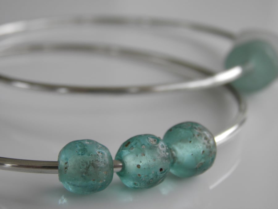 Sterling Silver Bangle Recycled Glass Beads in Aqua
