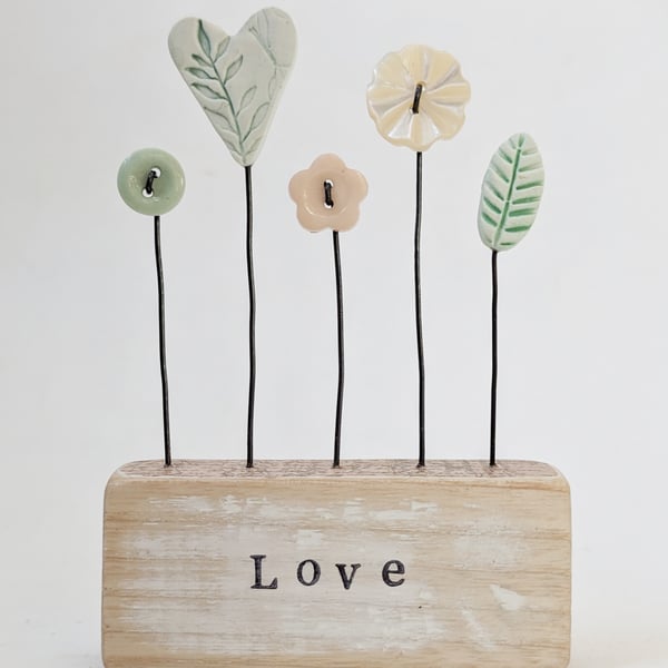 Heart and Button Flowers in a Painted Wood Block 'love'