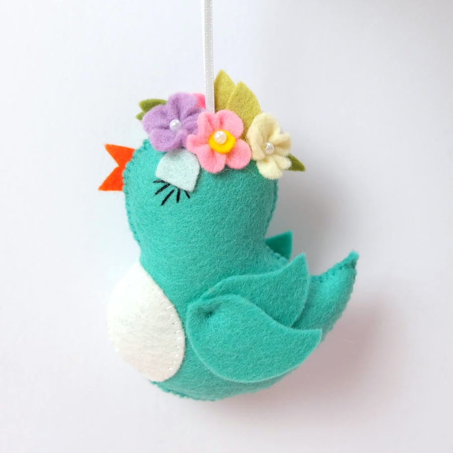 Floral Crown Bird Decoration in Turquoise Blue Wool Felt