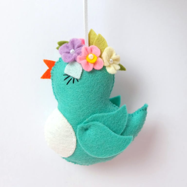 Floral Crown Bird Decoration in Turquoise Blue Wool Felt