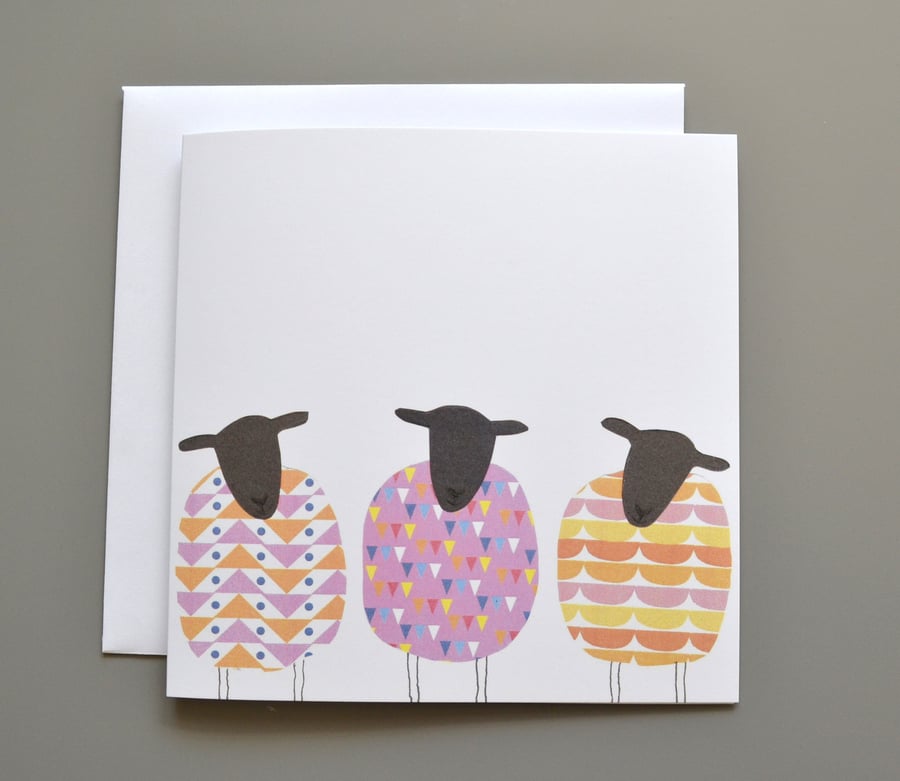 Three Patterned Sheep Blank or Birthday Card