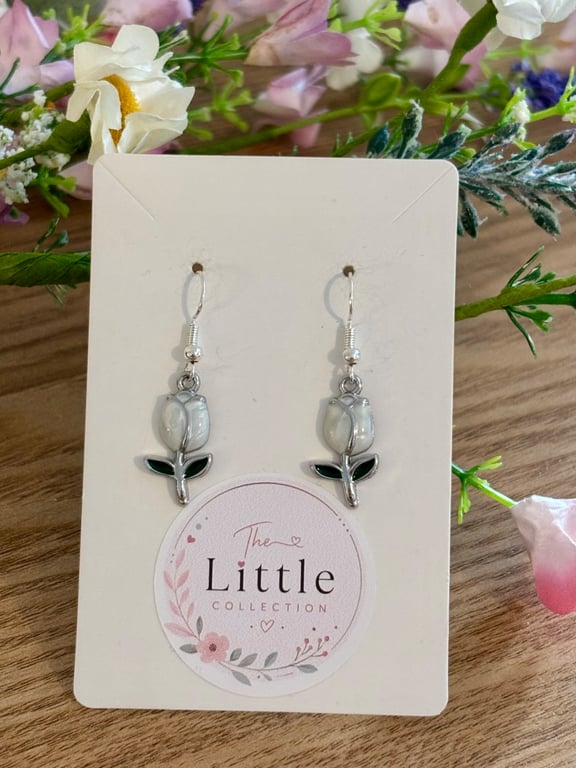 White Tulip Dangle Earrings, Enamel Floral Charms, Handmade Jewellery