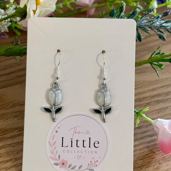 White Tulip Dangle Earrings, Enamel Floral Charms, Handmade Jewellery