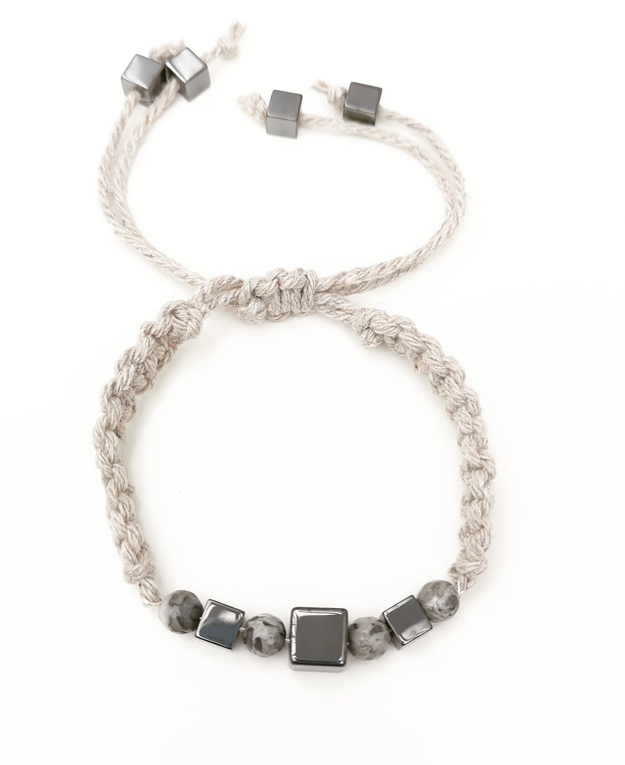 Hematite and scenic jasper macrame hemp bracelet