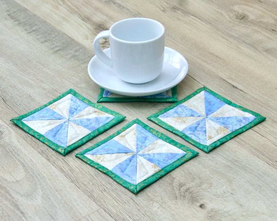 Set of Four Winter frost and snowflake glittery coasters 