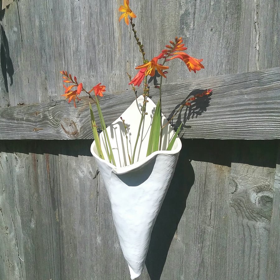 Ceramic handmade white wall vase with lace pattern . Mother's day gift