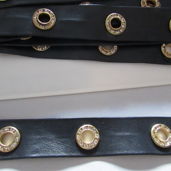 BLACK PLEATHER DIAMANTE EYELET TAPE SOLD BY THE METRE
