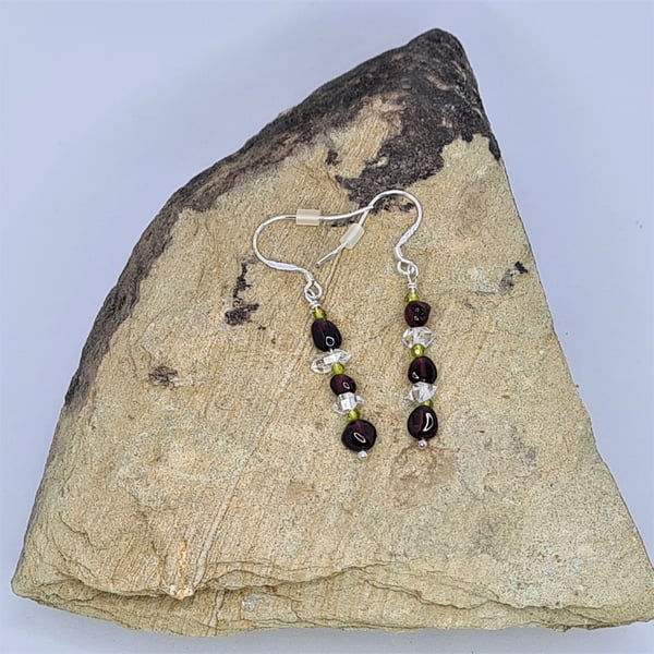 Sterling Silver Dangle Earrings Herkimer Diamond, Peridot & Garnet
