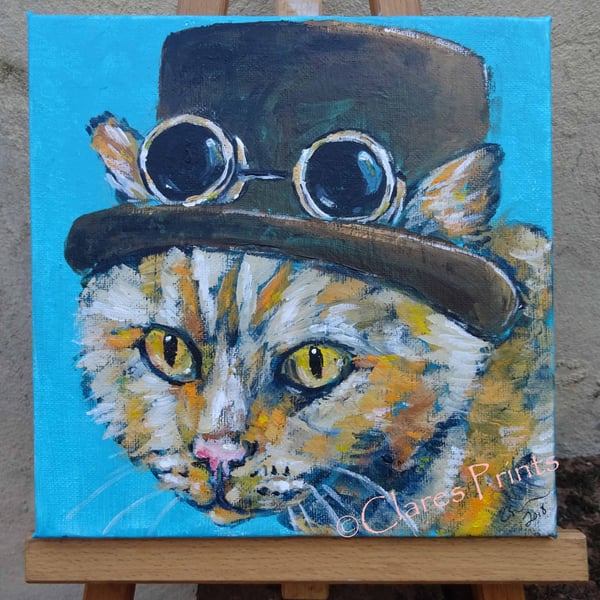 Steampunk Ginger Cat Original Art Acrylic Painting on Canvas Retro 