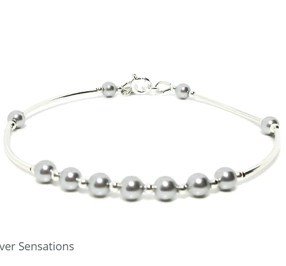 Light Grey Pearls Dainty Bangle Bracelet With Premium Pearls & Sterling Silver