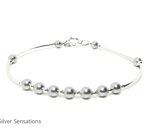 Light Grey Pearls Dainty Bangle Bracelet With Premium Pearls & Sterling Silver