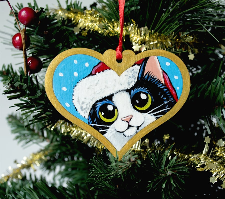 Hand Painted Tuxedo Cat Christmas Tree Decoration