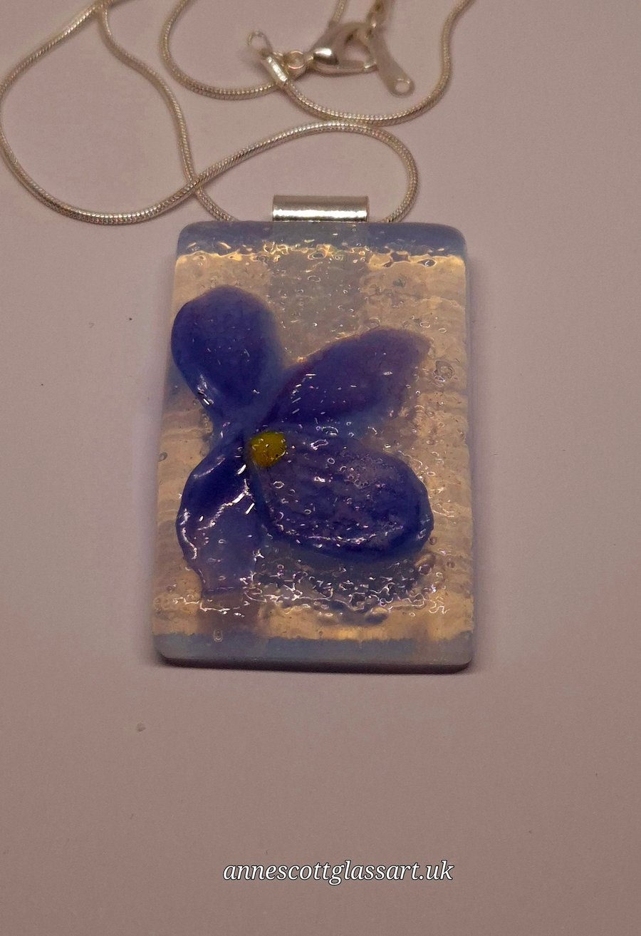 Handmade Fused Glass Botanical Pendant with Violet (A)