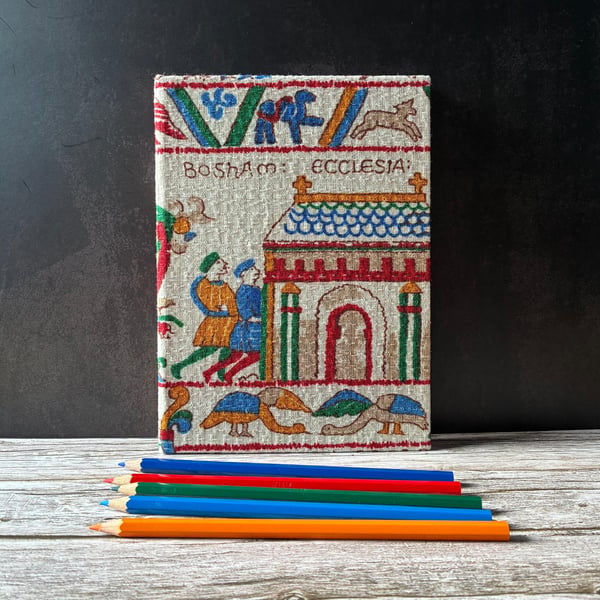 Bayeux Tapestry Handstitched A5 1950s Fabric Journal Sketchbook Harold at Bosham