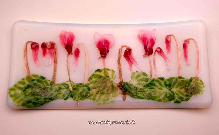 Unique Handmade Fused Glass Cyclamen on opaline Trinket Dish