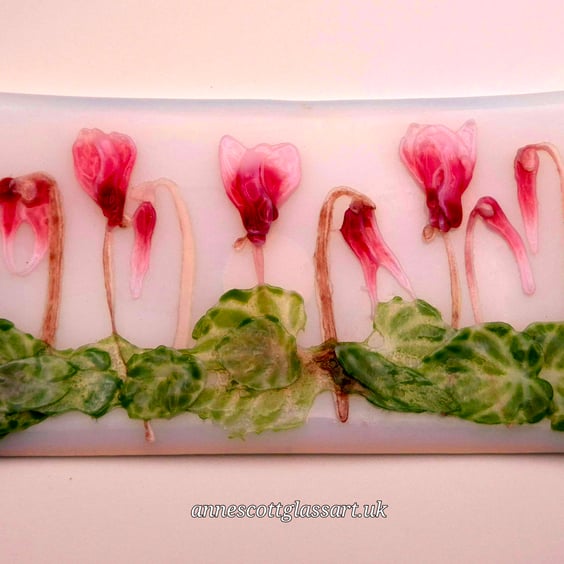Unique Handmade Fused Glass Cyclamen on opaline Trinket Dish