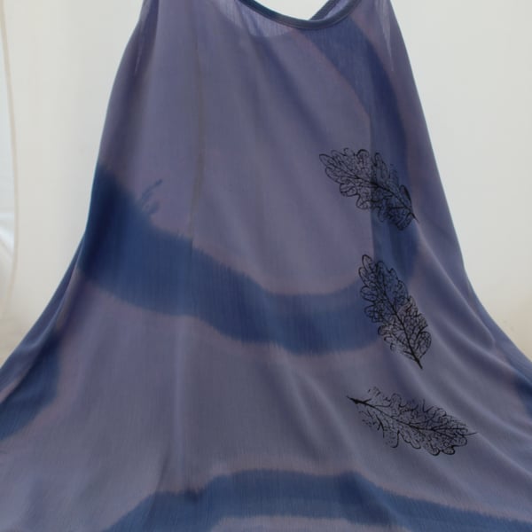 Vintage 90's Ladies oak leaf hand print blue Dress,Re worked dress,up cycled