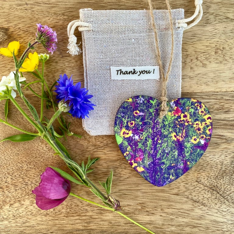 Hanging heart decoration -keepsake - letterbox gift - ditsy wildflower print.