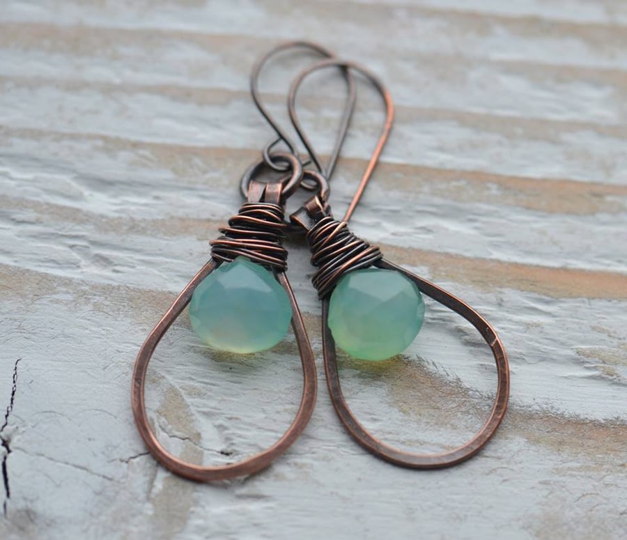 Handmade Copper Earrings with Aqua Chalcedony Briolette Gemstone Beads